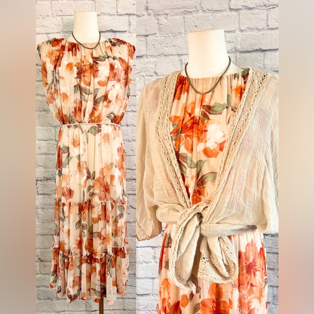 Dress & Kimono Peach Cream Floral Midi Dress Tiered Hem Flowy Romantic Crochet